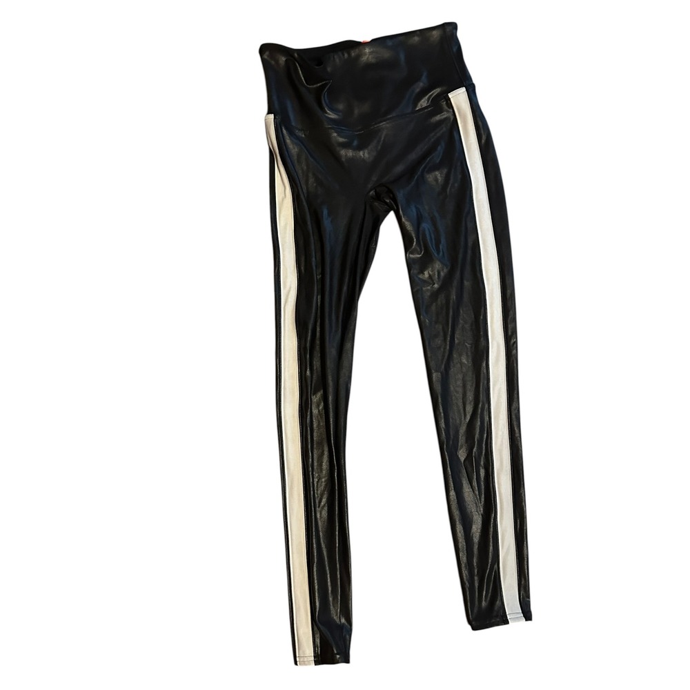 Spanx Faux Leather Side Stripe Leggings Black White Racing Stripe Large LG